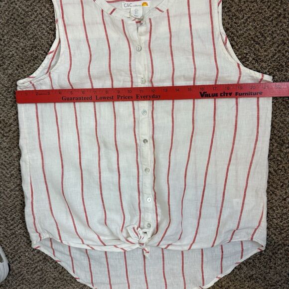 C&C California Red Striped 100% Linen Button Down Sleeveless Shirt Womens Large - Picture 6 of 9